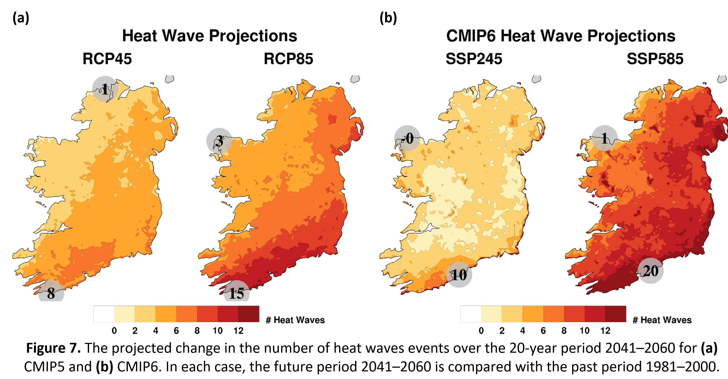 Figure 7. The projected change in the number of heat waves events over the 20-year period 2041–2060 for (a) CMIP5 and (b) CMIP6. In each case, the future period 2041–2060 is compared with the past period 1981–2000.