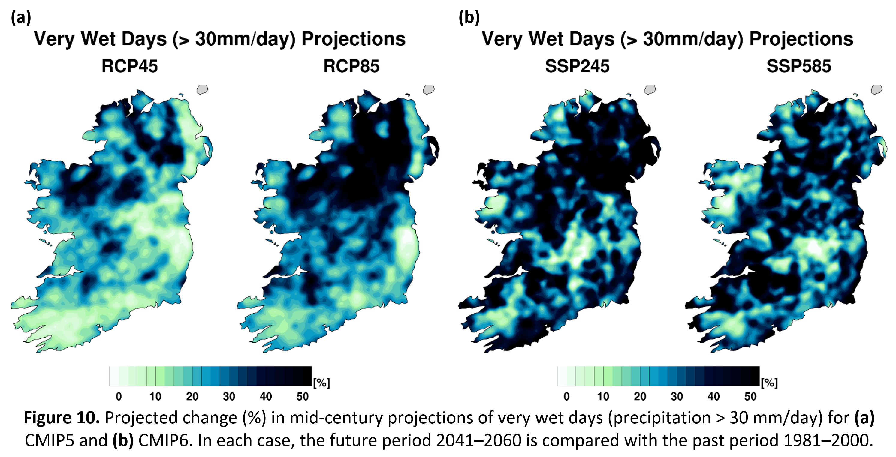 Figure 10. Projected change (%) in mid-century projections of very wet days (precipitation > 30 mm/day) for (a) CMIP5 and (b) CMIP6. In each case, the future period 2041–2060 is compared with the past period 1981–2000.