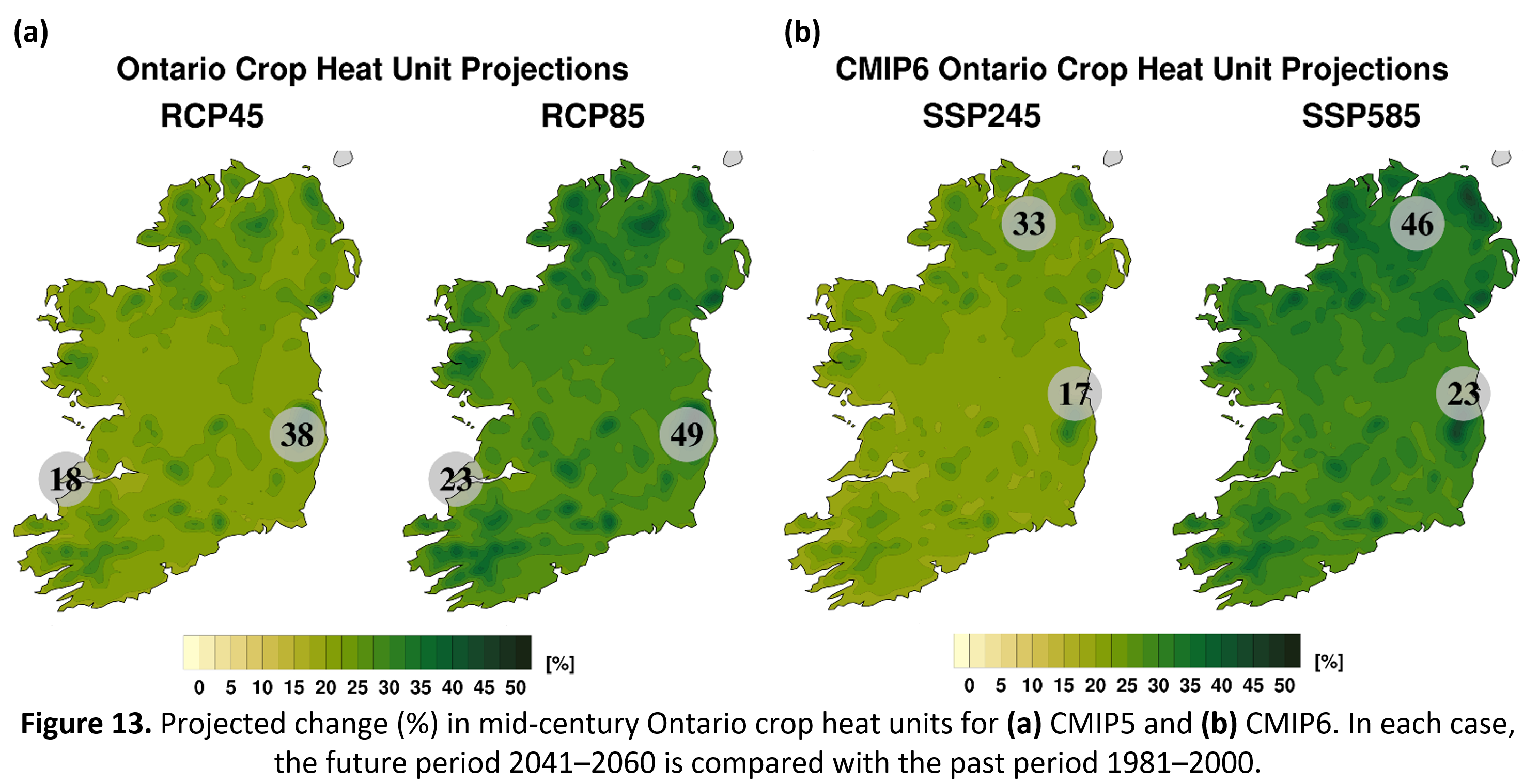 Figure 13. Projected change (%) in mid-century Ontario crop heat units for (a) CMIP5 and (b) CMIP6. In each case, the future period 2041–2060 is compared with the past period 1981–2000.