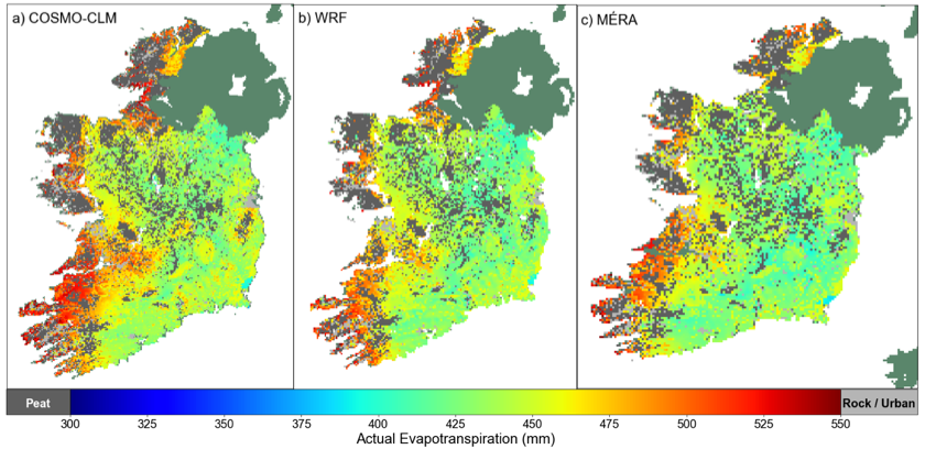 Annual average actual evapotranspiration for COSMO-CLM, WRF and MÉRA (1981-2016) using Teagasc's National Soil Drainage Map