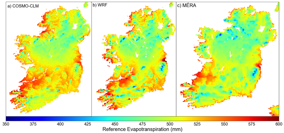 Annual average reference evapotranspiration using COSMO-CLM, WRF (1981-2017) and MÉRA (1981-2016) models