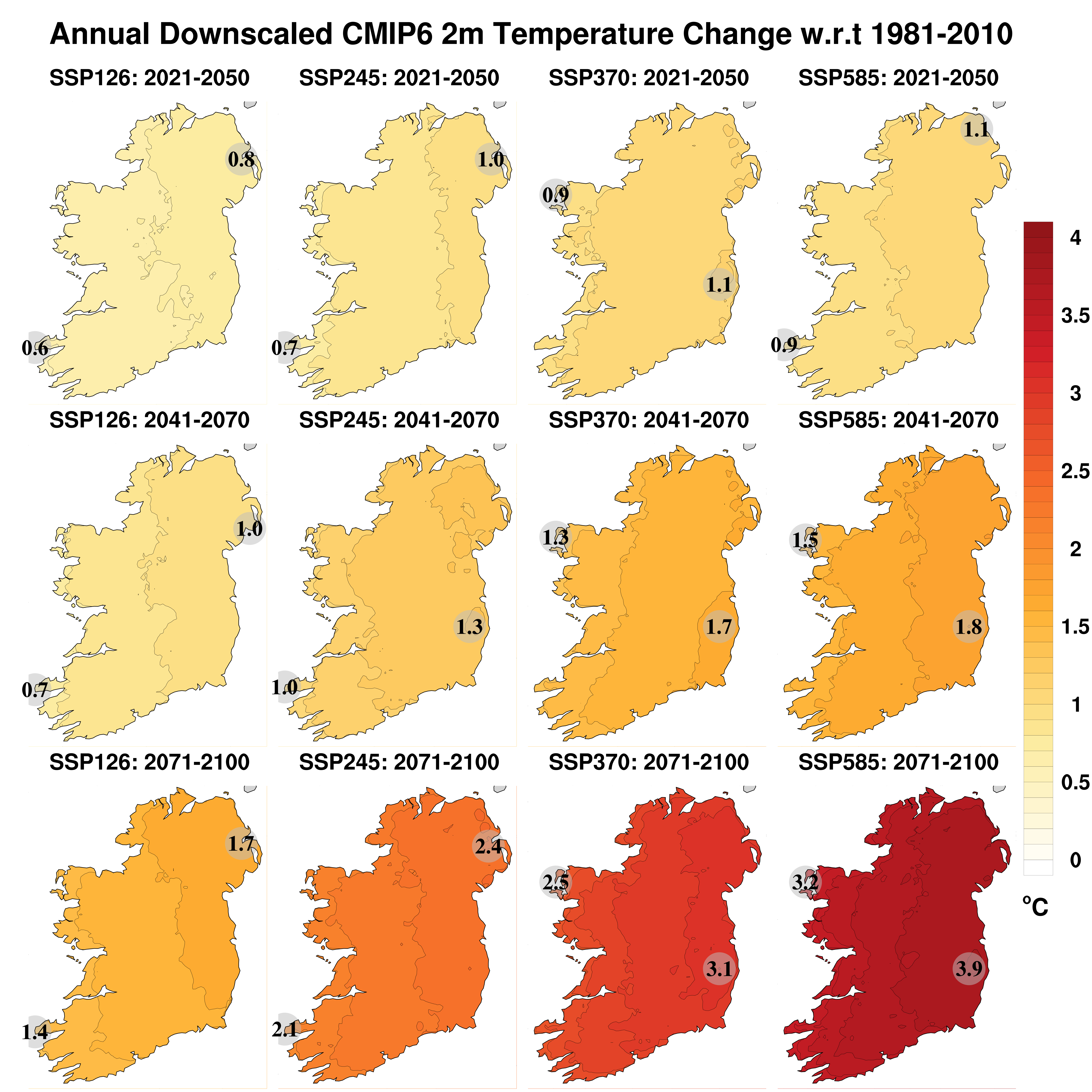 Preliminary 21st-century Regional Climate Model (RCM) projections of annual 2-m temperature for SSP1-2.6, SSP2-4.5, SSP3-7.0 & SSP5-8.5. 