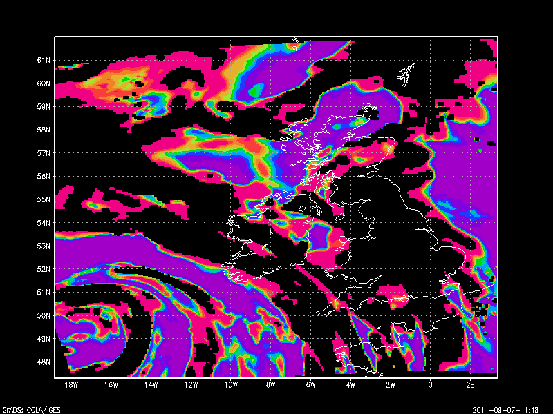 Contour plot of cloud cover, from a 24-hr forecast started 00Z 8th May 2011, using Harmonie at 2.5km resolution
