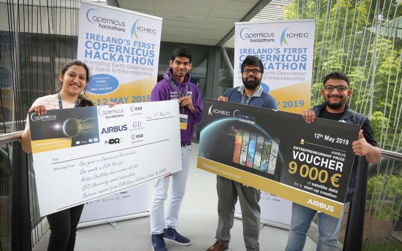 ictured at the first Irish Copernicus Hackathon competition organised by ICHEC at NUI Galway, are the 2019 competition winners from l-r: Nadia Saba, Monish Kadam, Manmaya Panda and Manohar HS. Photo: Aengus McMahon