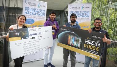 ictured at the first Irish Copernicus Hackathon competition organised by ICHEC at NUI Galway, are the 2019 competition winners from l-r: Nadia Saba, Monish Kadam, Manmaya Panda and Manohar HS. Photo: Aengus McMahon