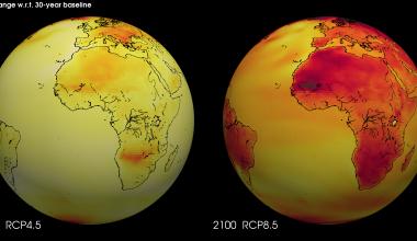 ICHEC Visualization of Met Éireann EC-EARTH climate projection data. The annual 2m temperature change with respect to the 30-year baseline (1961-1990) is presented for both the RCP4.5 (medium) and RCP8.5 (high) scenarios.