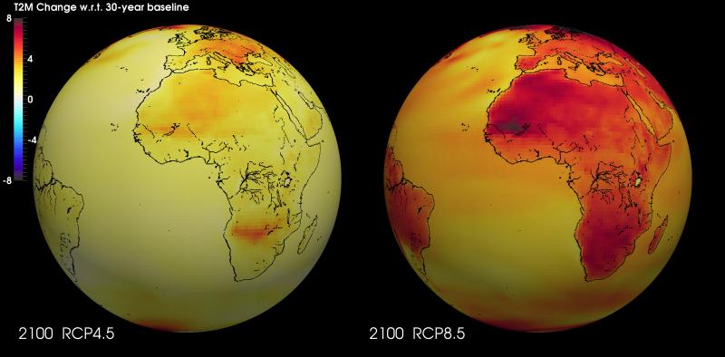 ICHEC Visualization of Met Éireann EC-EARTH climate projection data. The annual 2m temperature change with respect to the 30-year baseline (1961-1990) is presented for both the RCP4.5 (medium) and RCP8.5 (high) scenarios.